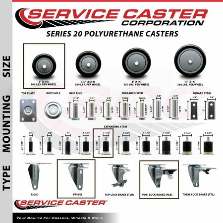 Service Caster 3'' Black Poly Swivel 1-1/4'' Expanding Stem Caster with Brake SCC-EX20S314-PPUB-BLK-PLB-114